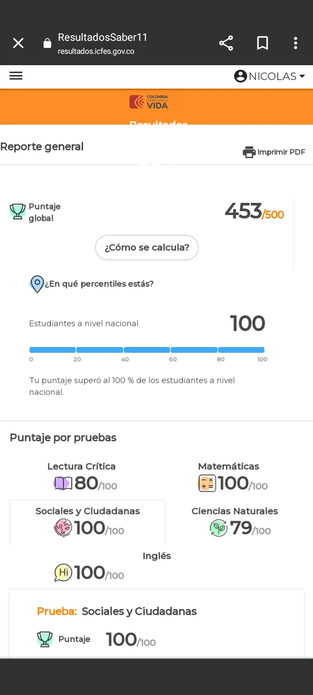 Puntaje ICFES de un estudiante de Grupo 500